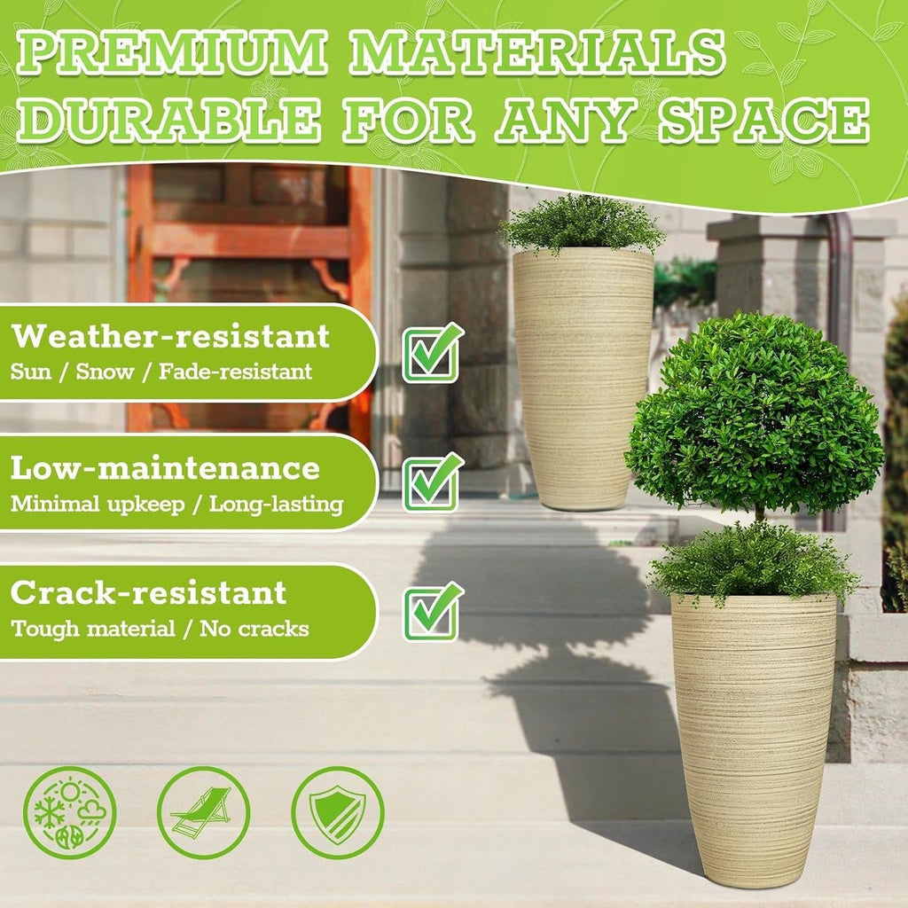 2-Pack Large Tall Planters with Saucer - 6.8 Gallons /12x21 Inch Faux Stone Finish Round Flower Pots for Indoor