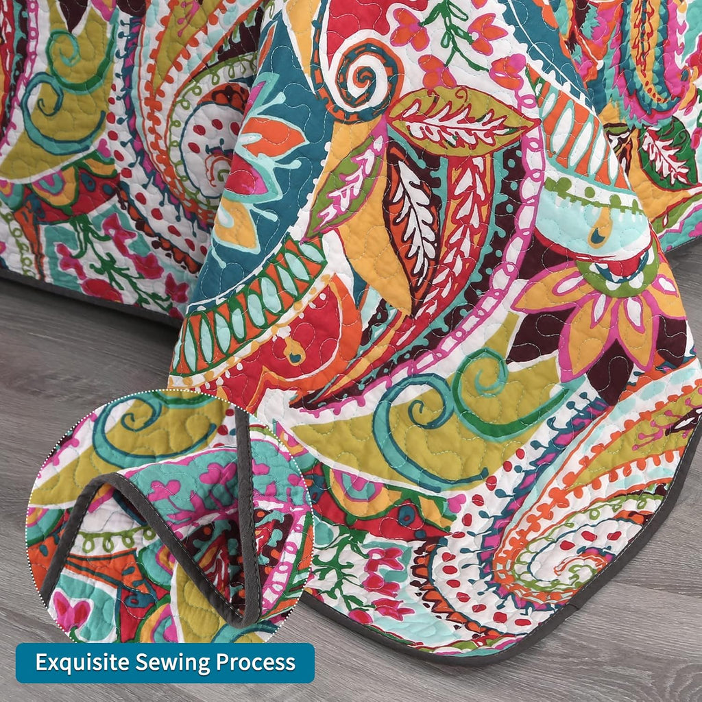 Cotton Quilt Set, Queen, Multicolor Paisley, Boho Style, Soft Lightweight Coverlet with 2 Pillow Shams, 90x98 Inches
