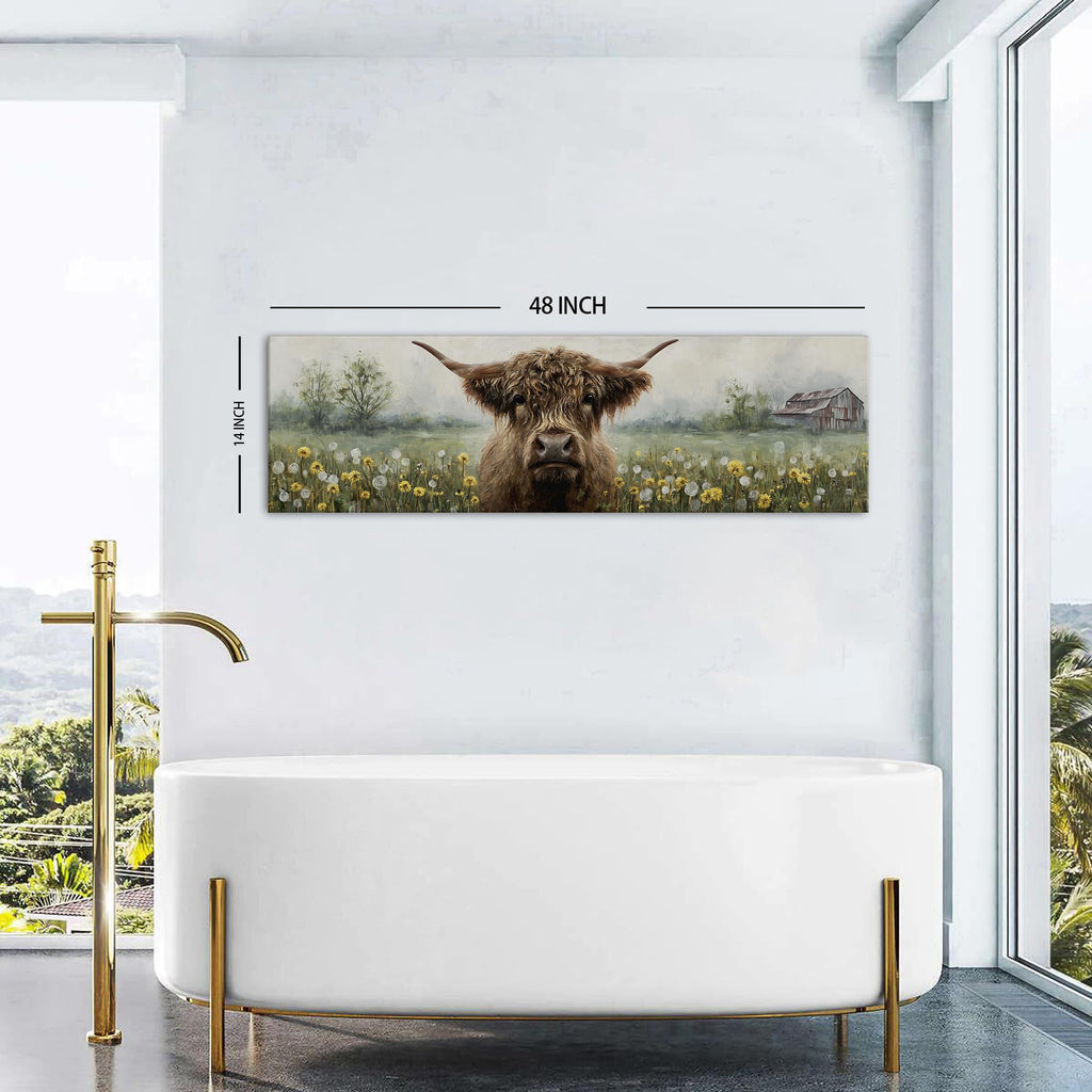 Farmhouse Highland Cow Wall Art Abstract Country Dandelion Picture Barn Longhorn Cattle Wall Decor Western Flower
