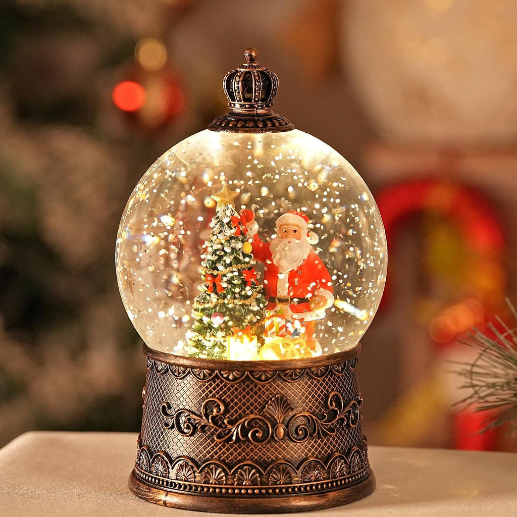 Snow Globe Christmas with Santa Claus, Lighted Christmas Snow Globes with Timer, Swirling Musical Glittering