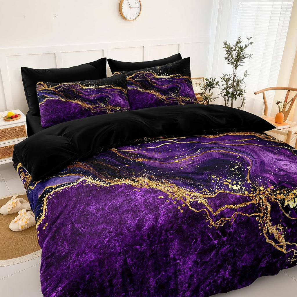 Black Gold Comforter Set Purple Marble Bedding Set King Black Marble Stone Abstract Artwork Bedroom Decor Black Marble