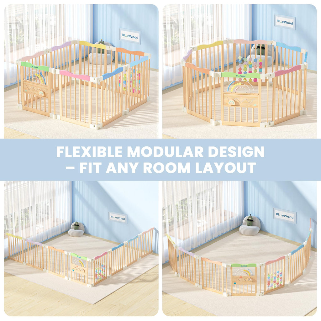 Foldable Wooden Baby Playpen, 45 x 45 x 24 inches, Pastel Dream, Rainbow