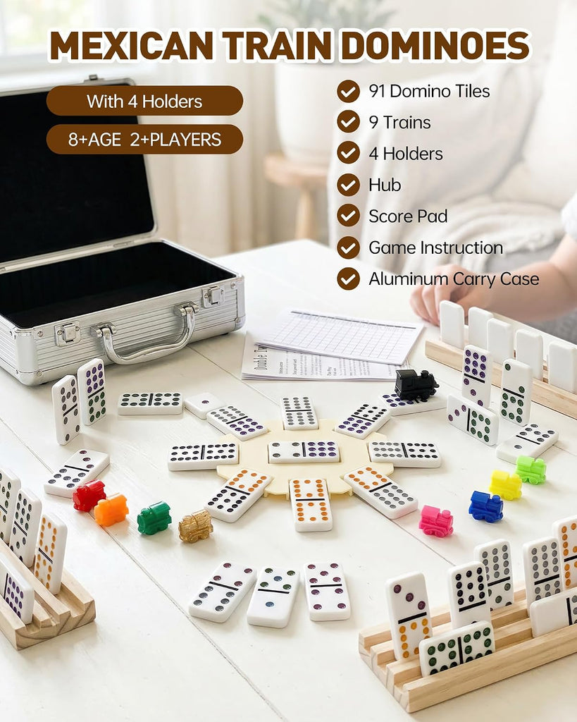 Mexican Train Dominoes Set Double 12-91 Colored Dot Tiles with 4 Wooden Racks, Heavy-Duty Aluminum Case, 9 Trains