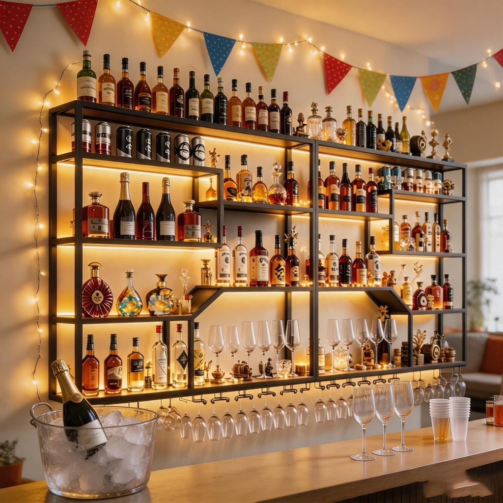 78.7IN Wall Wine Rack with LED, Industrial Iron & Walnut | Iron & walnut wood, LED strip light incl, holds