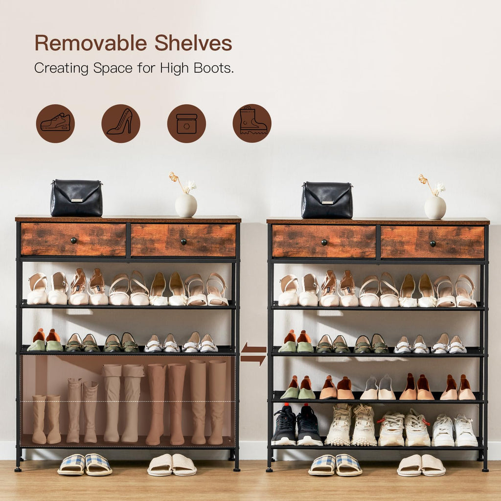 Shoe Rack, 5 Tier Shoe Storage Organizer with 2 Drawers, Metal Shoe Shelf for 16-20 Pairs of Shoes, with 4 Oxford