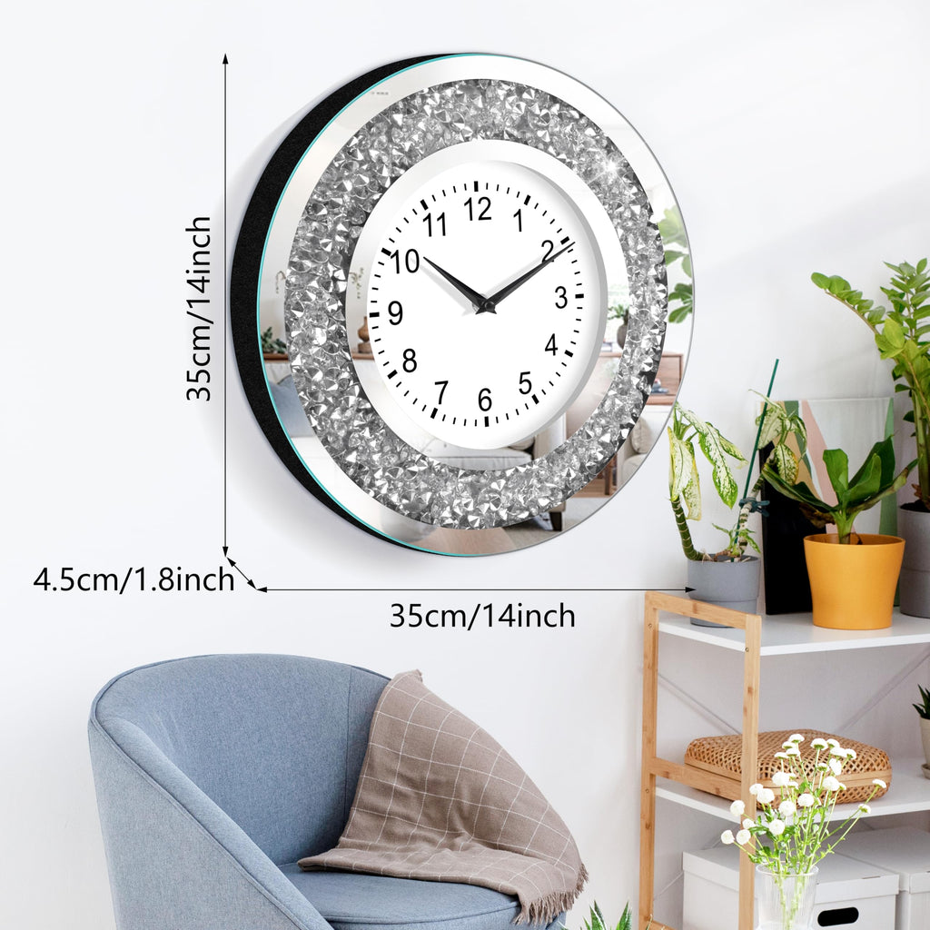 Crystal Crushed Diamond Mirrored Wall Clock Silent Clock for Wall Décor