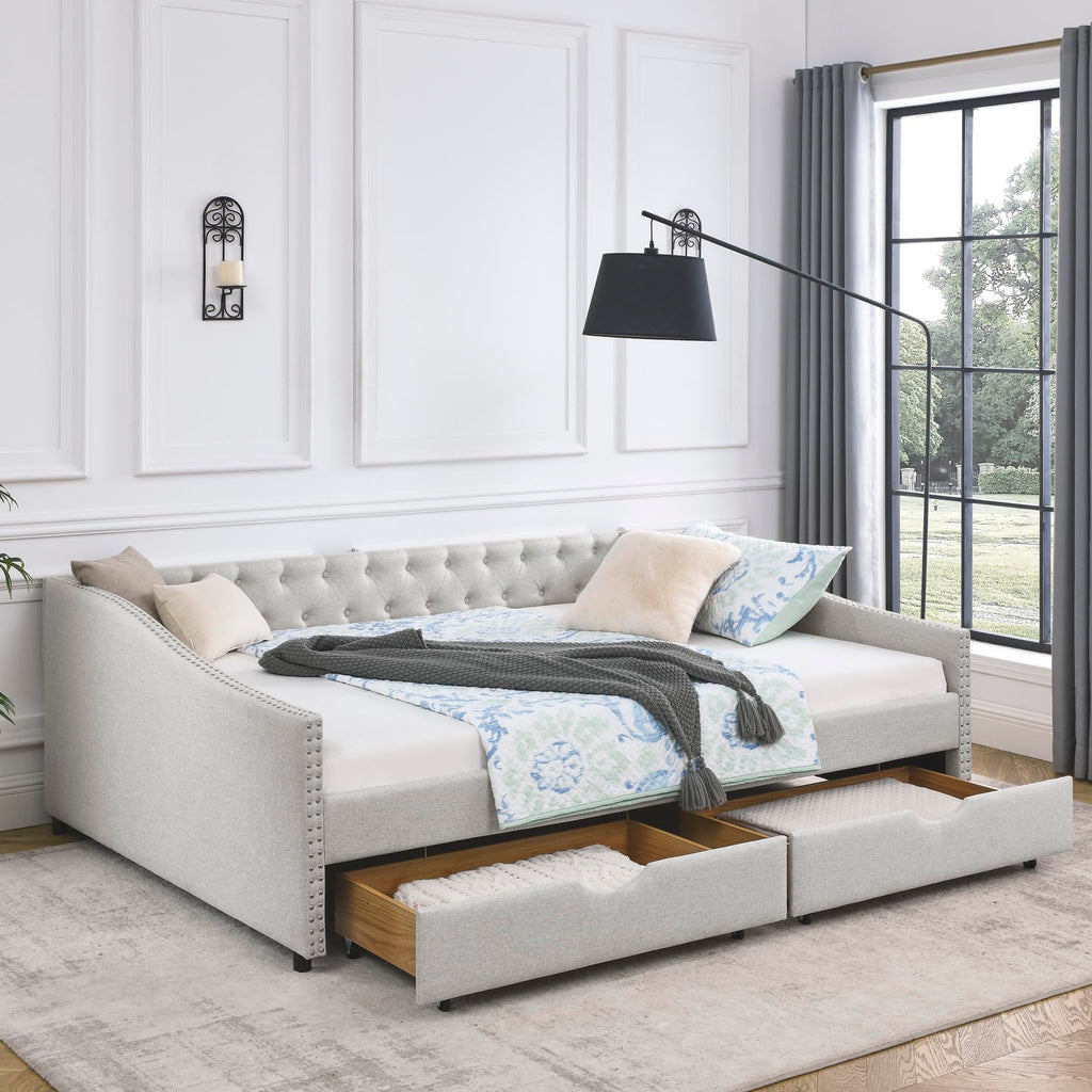 Queen Size Upholstery Daybed with 2 Drawers and Headboard, Mid-Century Style Tufted Sofa Bed with Button on Back