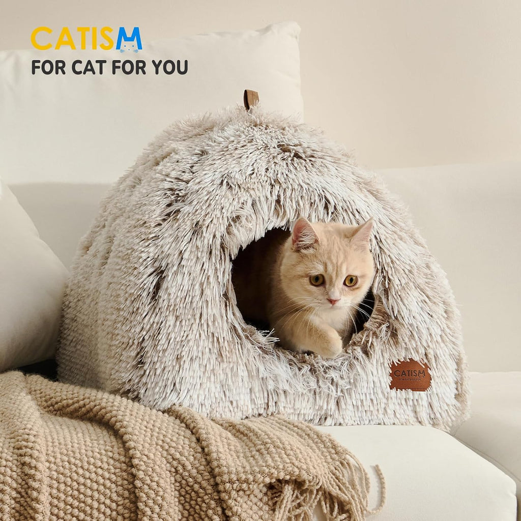 Cat Bed, Cat Cave for Indoor Cats, Soft Cat Dome, Self-Warming 2 in 1 Foldable Pet Cat House with Washable Cushioned