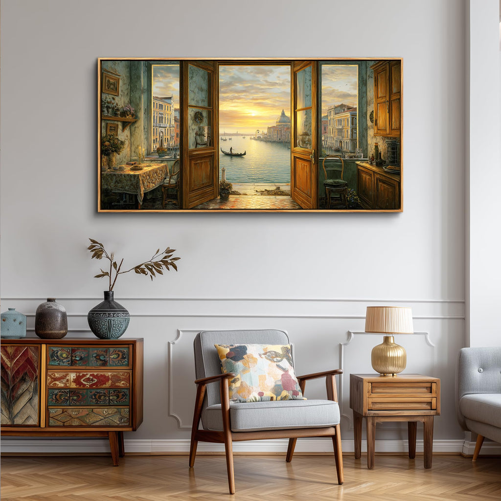 Extra Large Framed Canvas Print Wall - Italy Venice Pictures Wall Decor-Rustic Countryside Landscape Illustrations