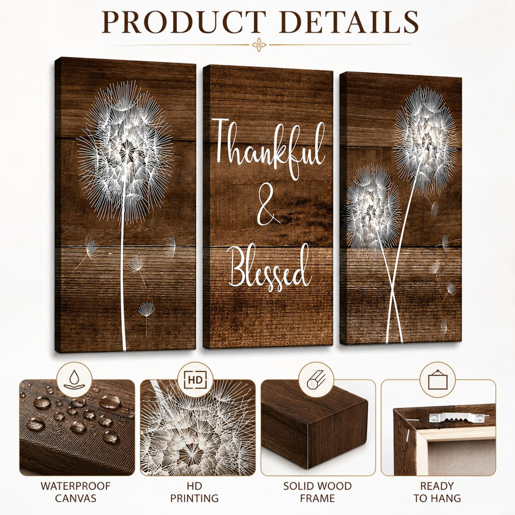Thankful & Blessed Dandelion Framed 3‐Piece Canvas Wall Art, Rustic Wooden Plank Background Floral Typography Canvas