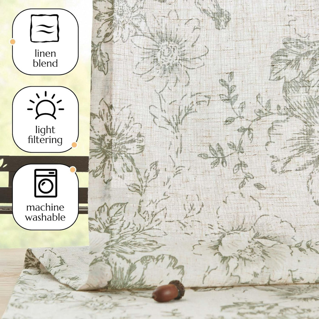 Linen Valance Curtain Farmhouse Sage Green Floral Window Valance, 16 Inch French Country Flower Drapes for Kitchen