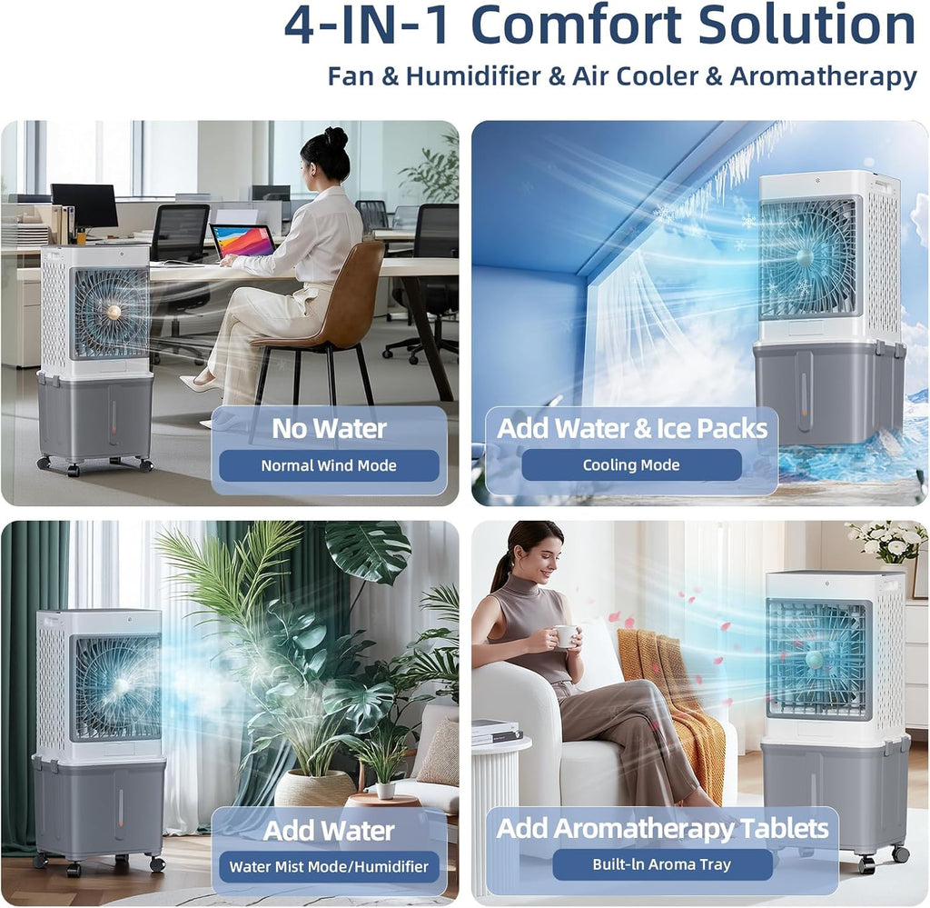 Upgraded Cooling 10 Gallon Evaporative Air Cooler, Swamp Cooler with 120° Oscillation, 7-Hour Timer, Remote Control