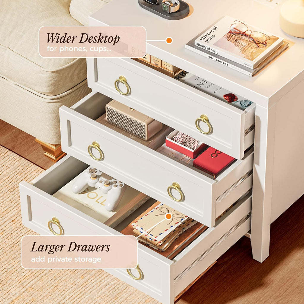 Paint Night Stand with Charger Station and USB-C Port, 3 Drawer Nightstands Set of 2, Larger Wider Bedside Table