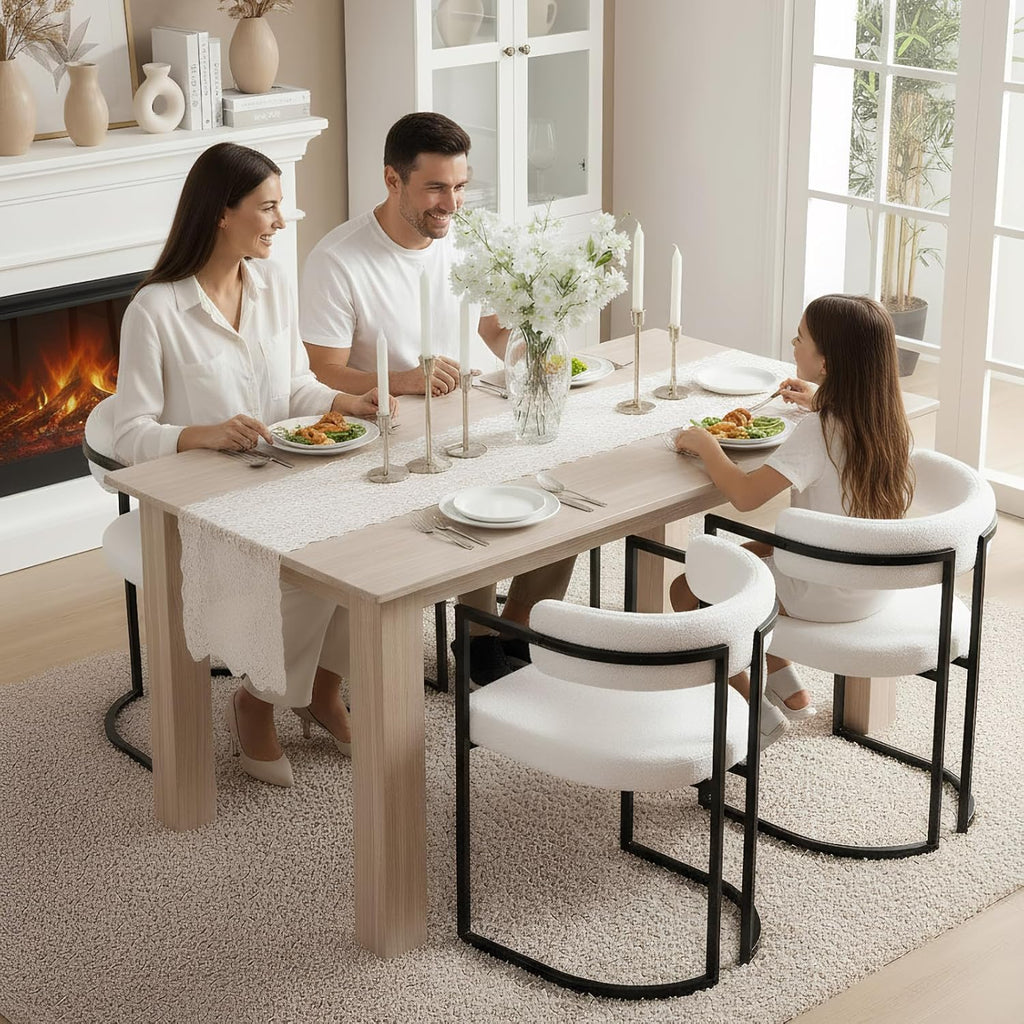 White Sherpa Dining Chairs Set of 4, Modern Boucle Barrel Dining Chairs with Comfy Back