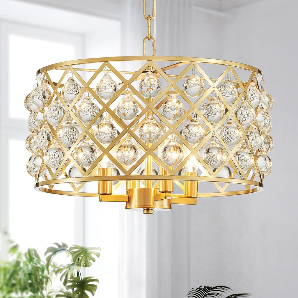 Gold Crystal Chandelier for Dining Room, 4-Light Drum Pendant Lighting Fixture, Raindrop Chandelier for Bedroom, Living Room, E12 Socket, D15xW15xH8 A100-B0DQL8JQ52