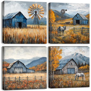 Colorful Wildflower Wall Art Farmhouse Barn Pictures Wall Decor Autumn Mountain Forest Painting Rustic Windmill Horse