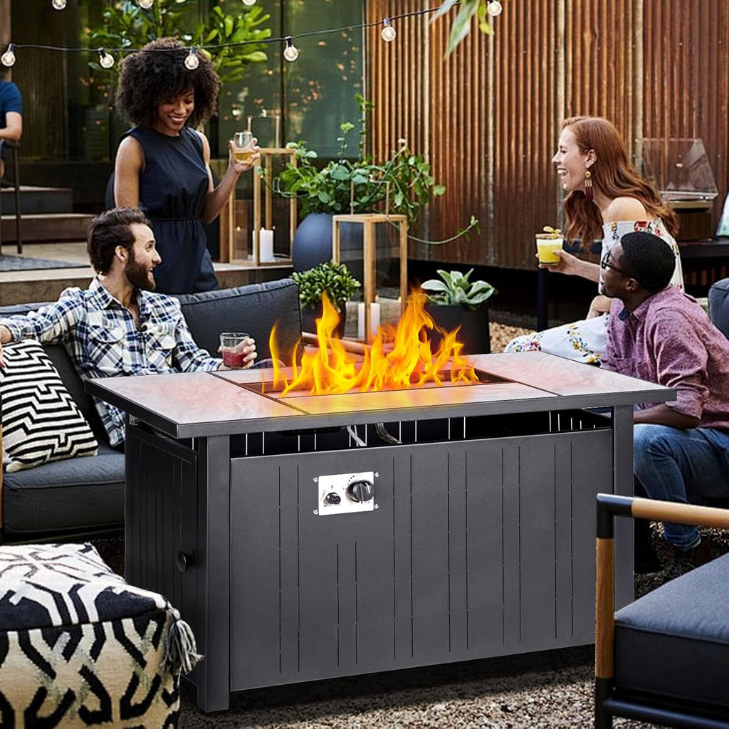 47" Propane Fire Pit Table with Real Ceramic Tabletop, 50000 BTU Gas Firepit Table with Lid & Lava Stones