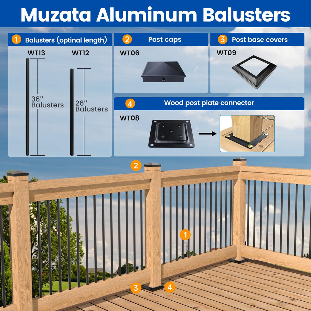50 Pack 26" Black Aluminum Square Deck Balusters WT12
