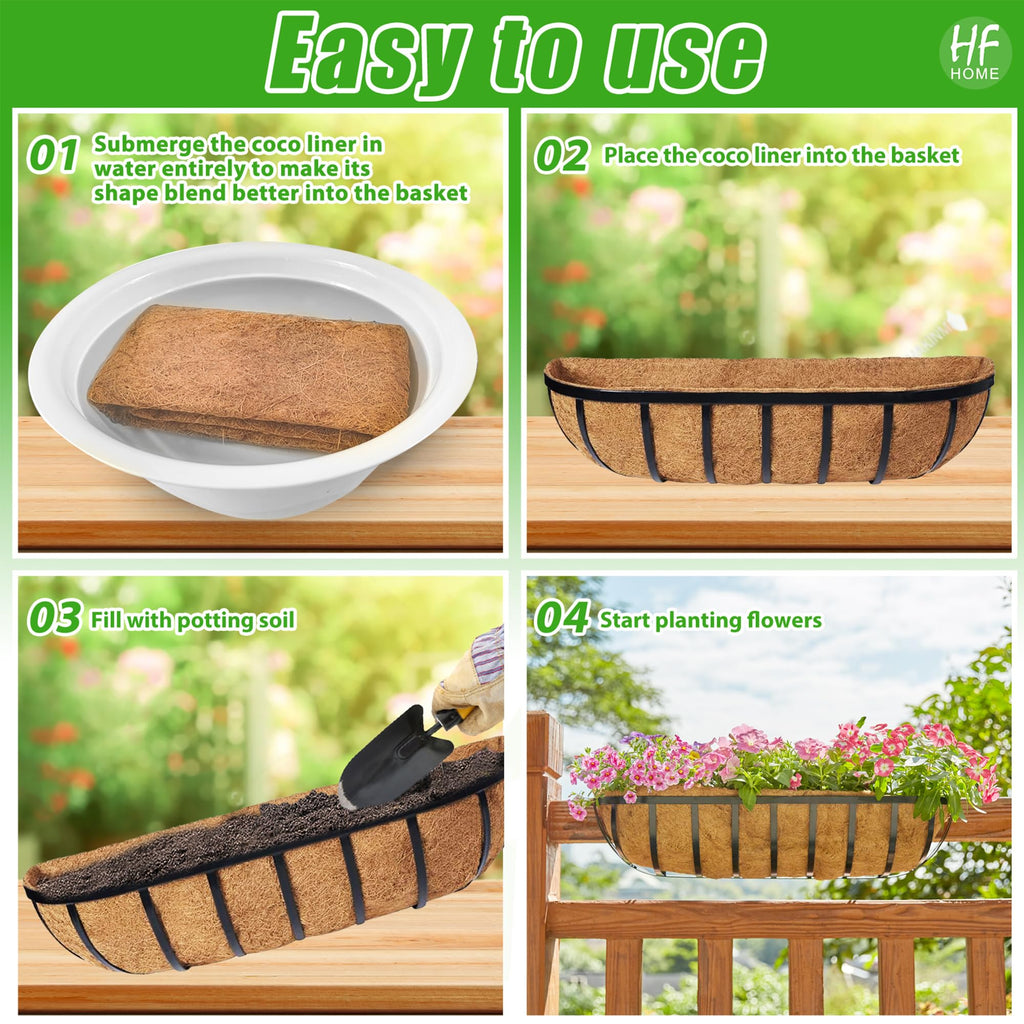 30" Deck Railing Planter Box with Horse Trough Coco Liners, Black Window Box Metal Hanging Flower Planters Baskets