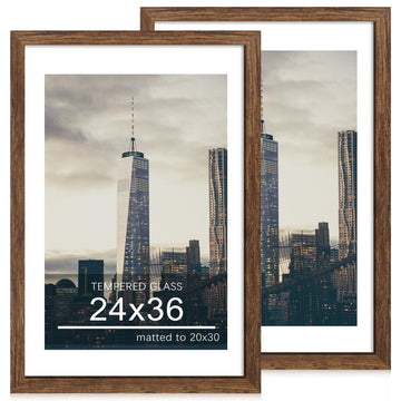 24x36 Poster Frame Set of 2, 24 x 36 Wood Picture Frames with Mat for 20x30, Wooden Photo Frame with Tempered Glass
