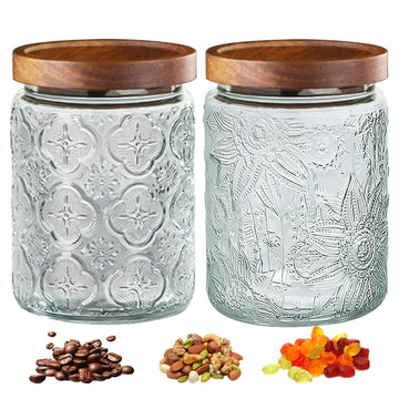 2-Pack 24 OZ Vintage Glass Jar with Lid, Airtight Food Storage Canisters with Bamboo Counter Pantry, Ideal for
