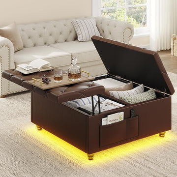 31.5 Inch Large Leather Ottoman with Storage and LED Lights, PU Brown | Lift Top Tufted Upholstered Ottoman Coffee