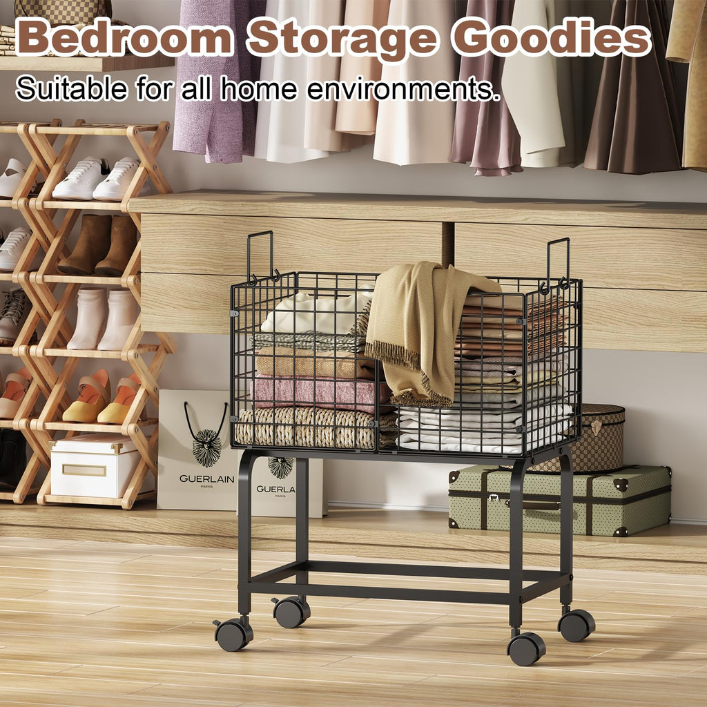 Wire Laundry Hamper Cart,Rolling Laundry Carts with Pull Handle,Black Tall Laundry Basket,Commercial Wire Laundry