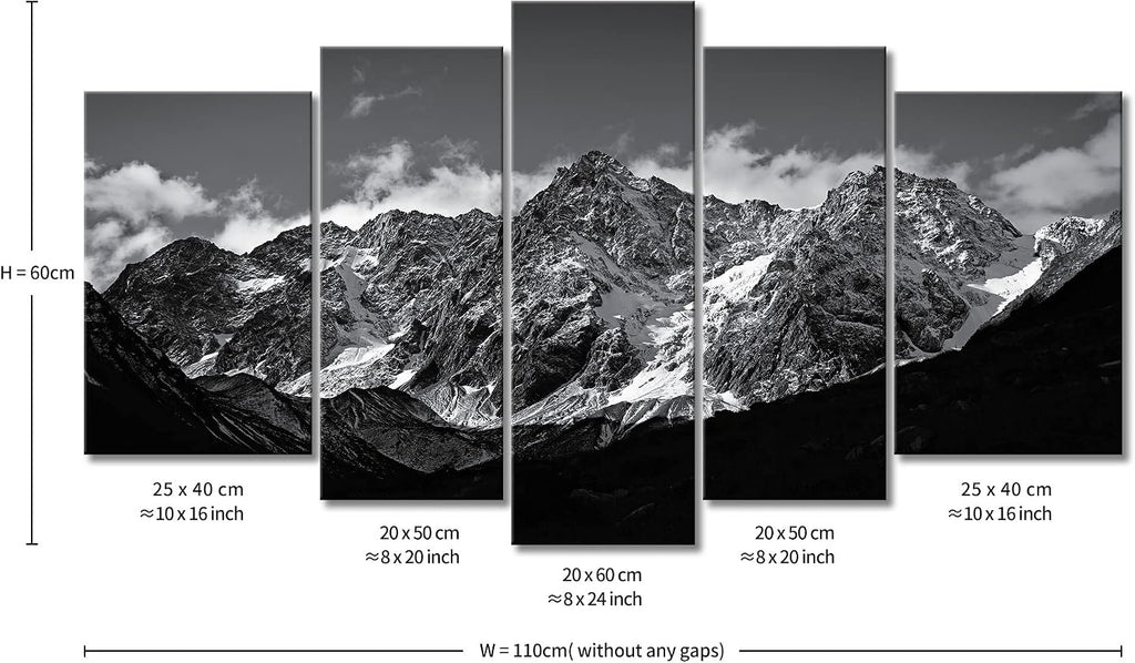 Canvas Wall Art Mountain Black and White Snow Mountain Landscape Picture 5 Pieces Prints On Canvas Modern Giclee