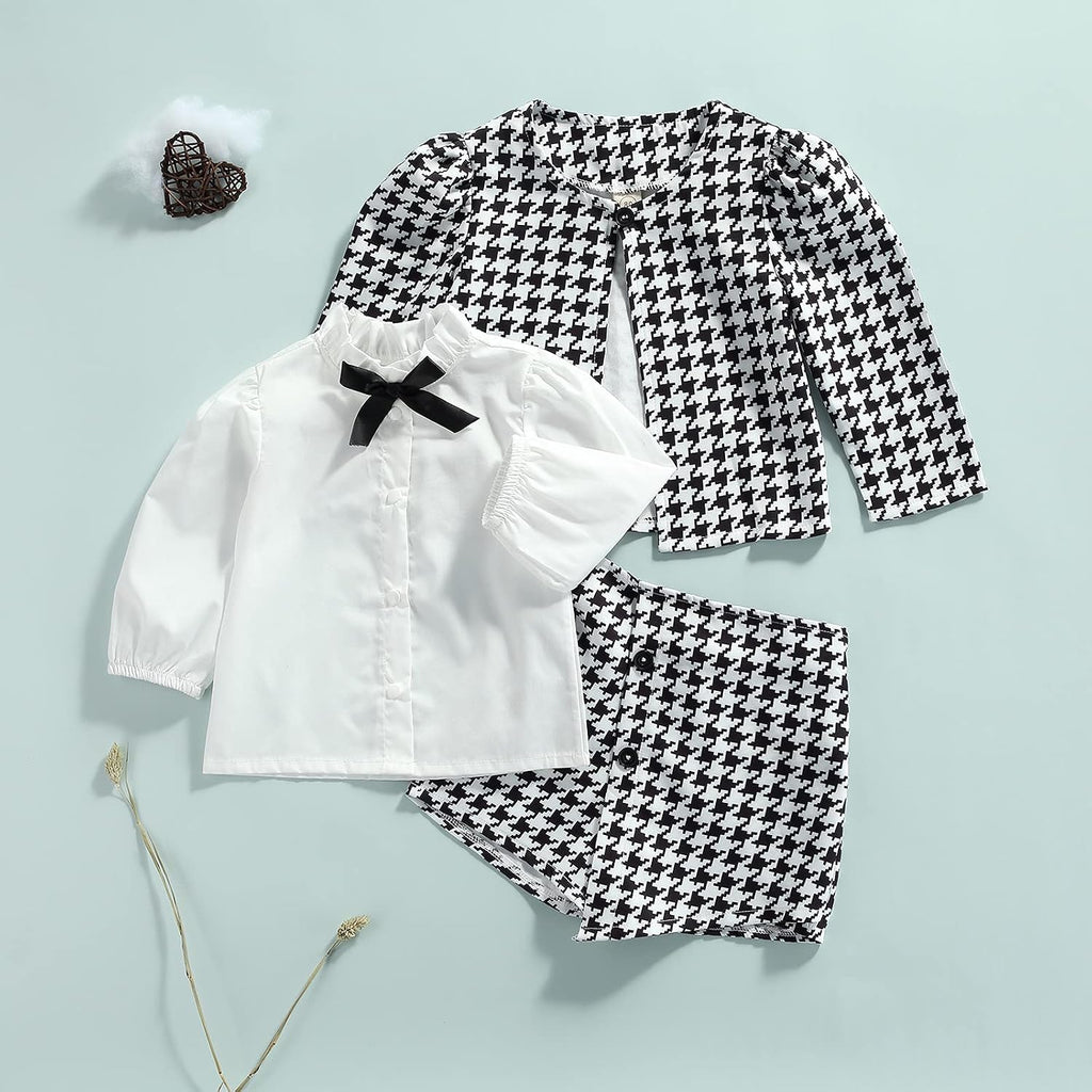 3PCS Toddler Baby Girl Ruffle Collar Button-Down Shirt + Long Sleeve Plaid Cardigan + Houndstooth Shorts Sets