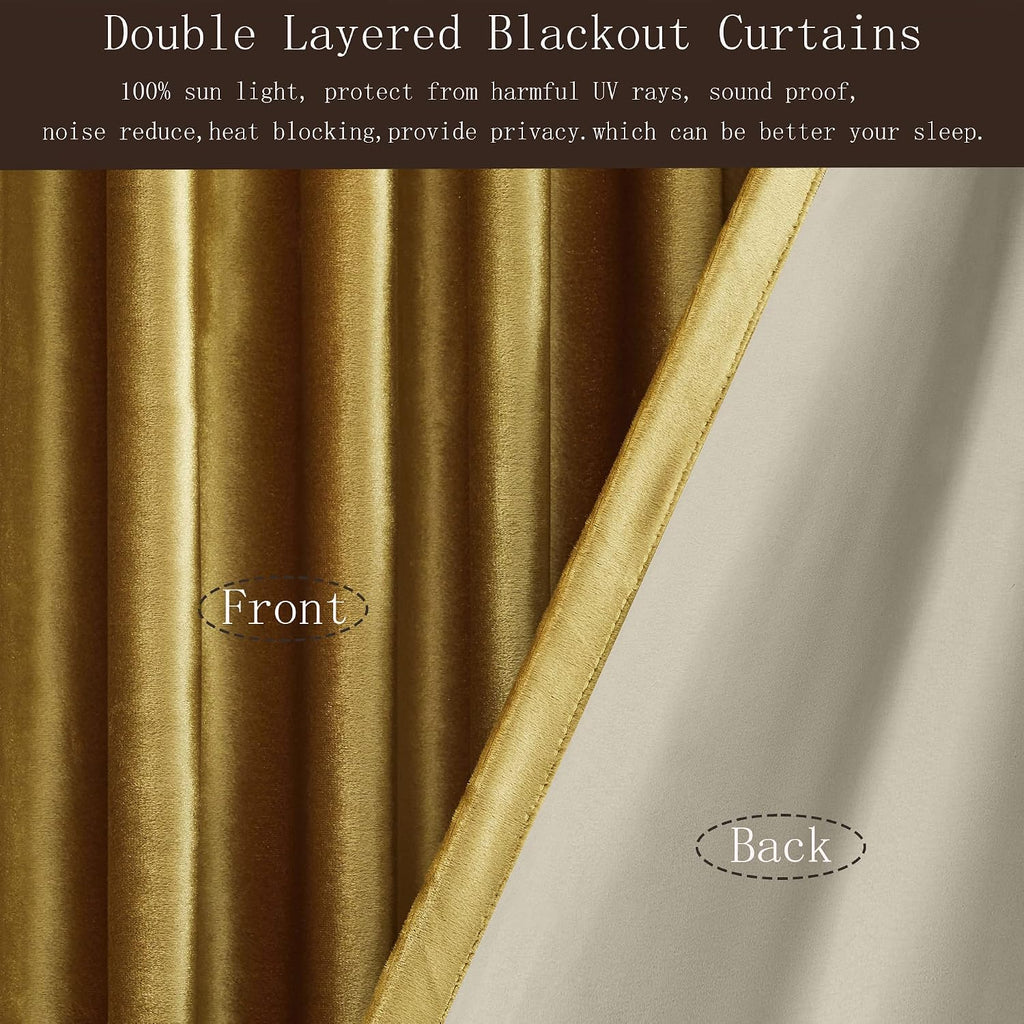100% Blackout Gold Velvet Curtains 84 inch Long,Elegant 2 Panels Back Tab Thermal Insulated Room Darkening Curtain
