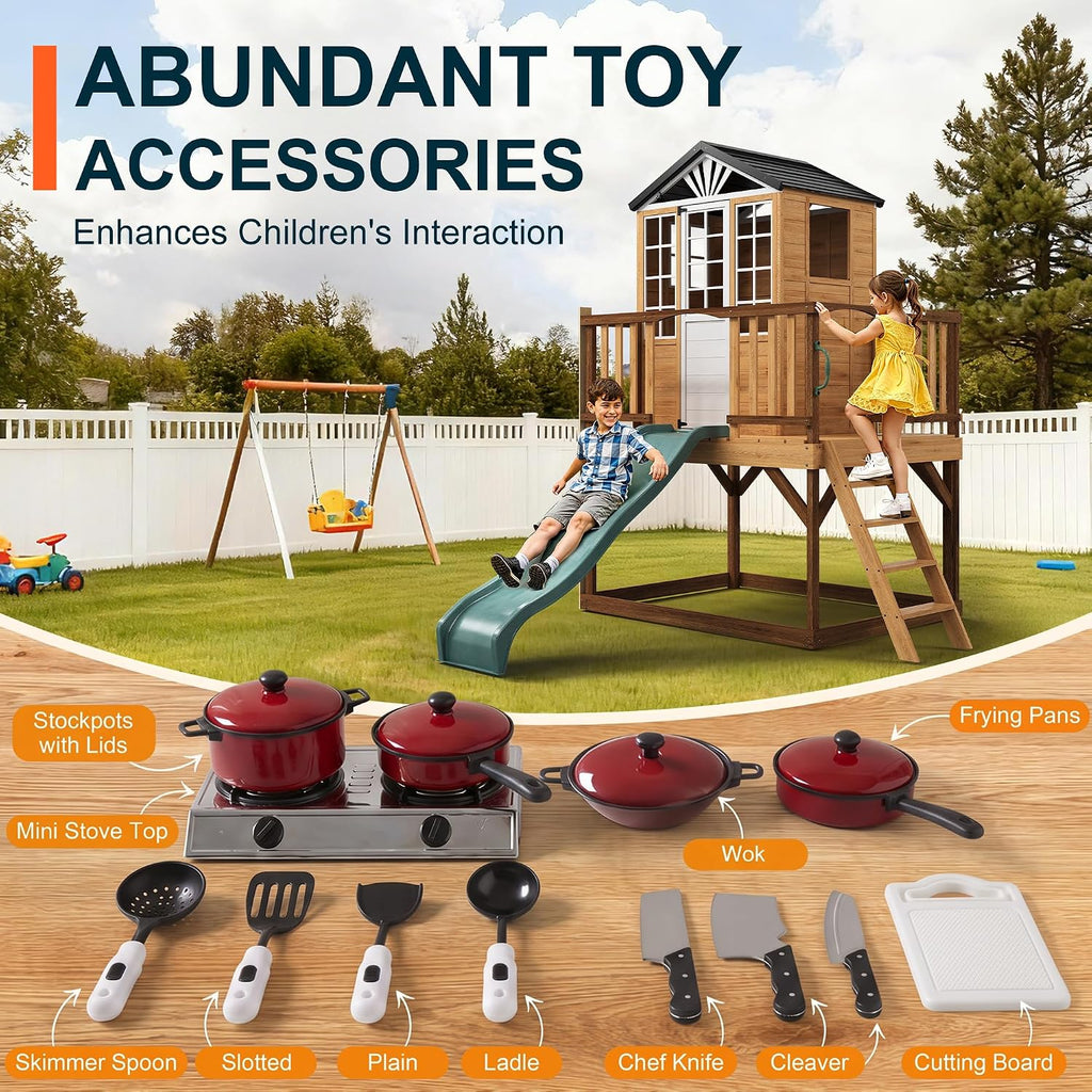 9-in-1 Outdoor Playhouse with Slide & Sandbox - Natural Fir Playset for Kids Ages 3-10, Includes Play Kitchen, Growth