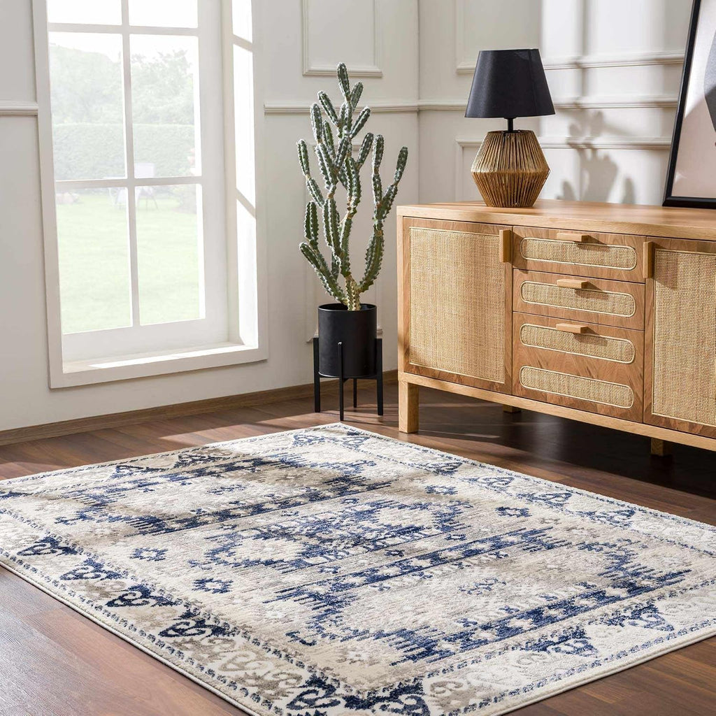 Spinoza Living Room, Bedroom Area Rug - Geometric Border Medallion Diamond Distressed - Southwestern Tribal