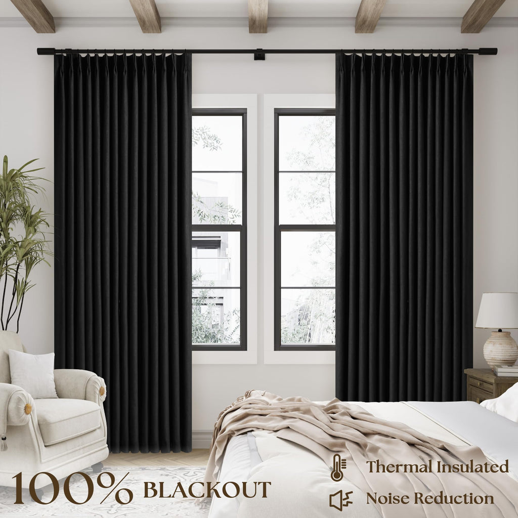 Black 100% Blackout Pinch Pleat Linen Curtains 108 Inches Long