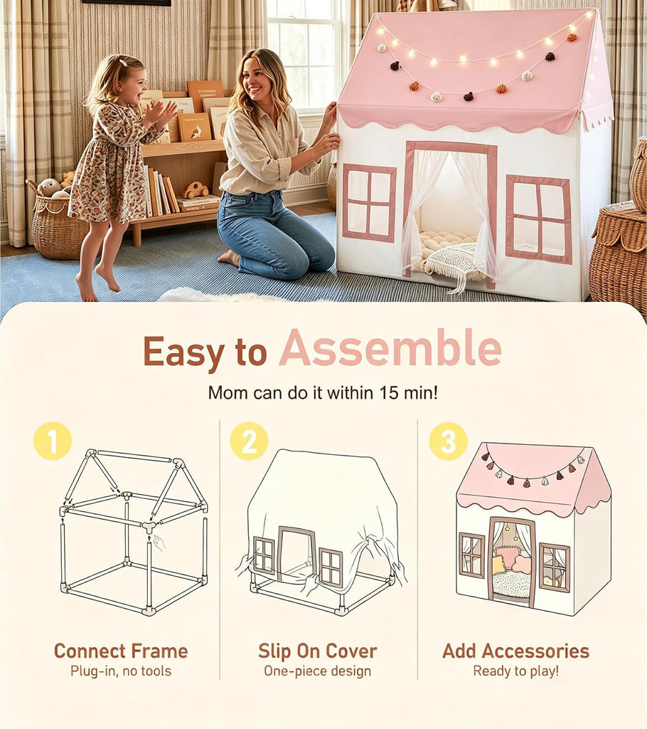 Large Kids Tent with Mat, Star Lights, Tissue Garland, Play Tents for Indoor & Outdoor Use, Kids Play Tent for Girl &