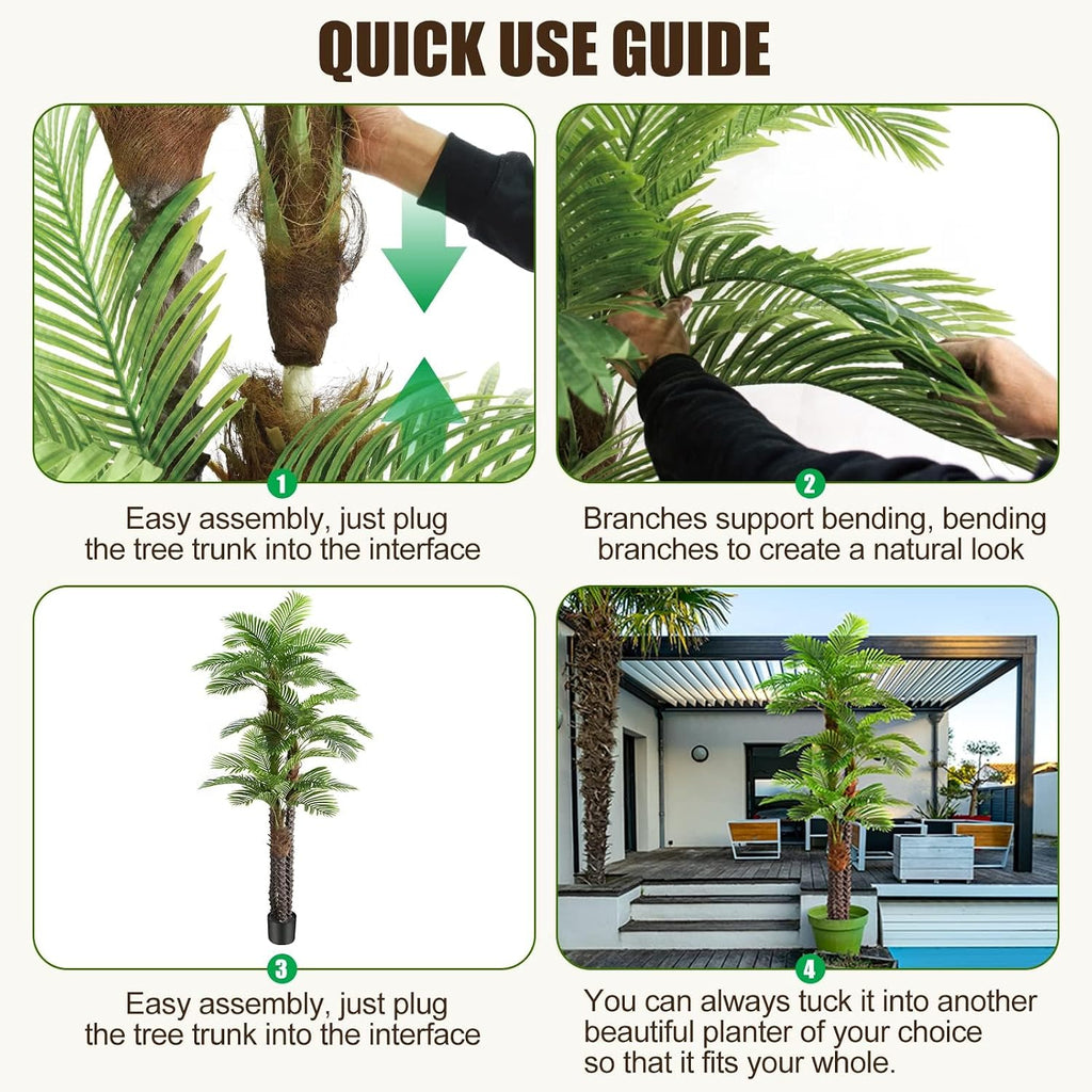 8.5ft Tall Artificial Palm Tree for Outdoors - Triple Phoenix Palm, UV Resistant, Large Fake Silk Palm Tree - Perfect