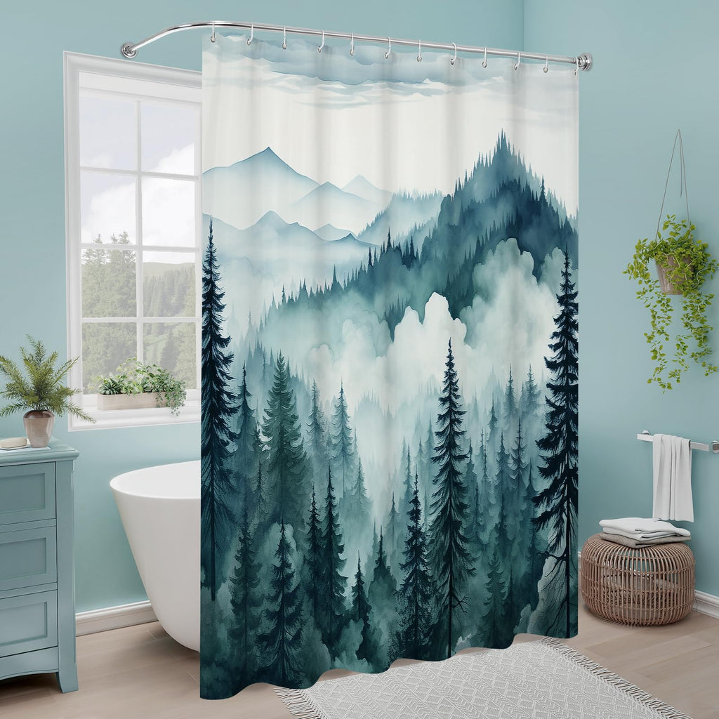 Peacock Blue Pine Forest Shower Curtain, Misty Woodland, 72 x 78 Inches