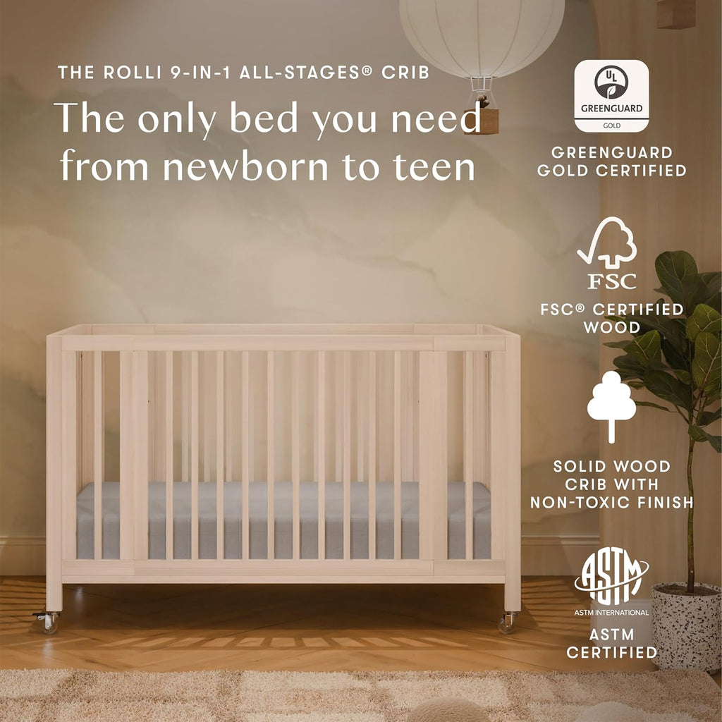 Rolli 9-in-1 Convertible All-Stages Bassinet to Full-Size Crib in Washed Natural, Greenguard Gold Certified, Portable