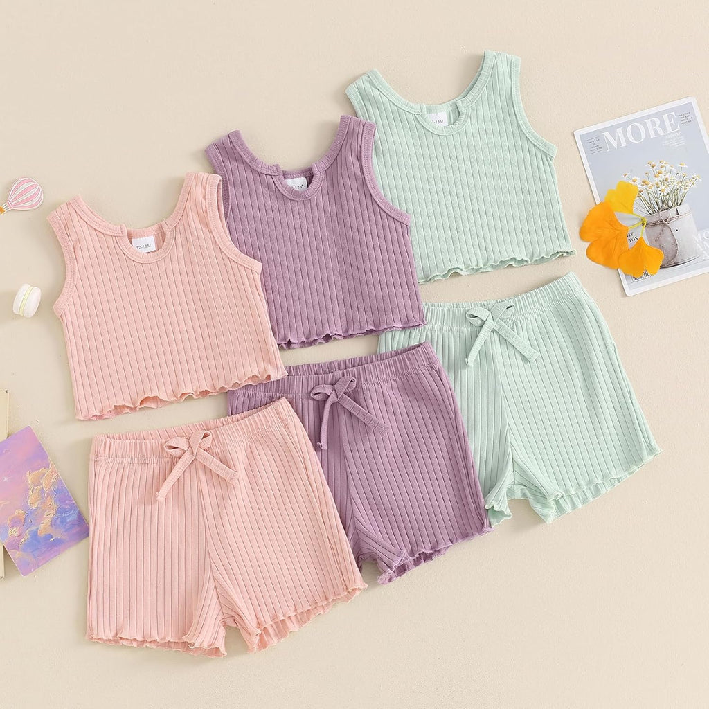 Baby Girl Clothes Summer Toddler Outfit Ruffle Rib Knit Ruffle Vest Tank Tops & Shorts Cute Clothing Sets