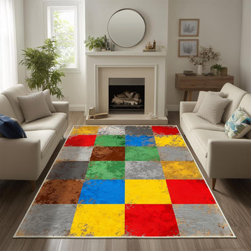 Colorful Retro Checkered Rug Non Slip Geometric Area Rug