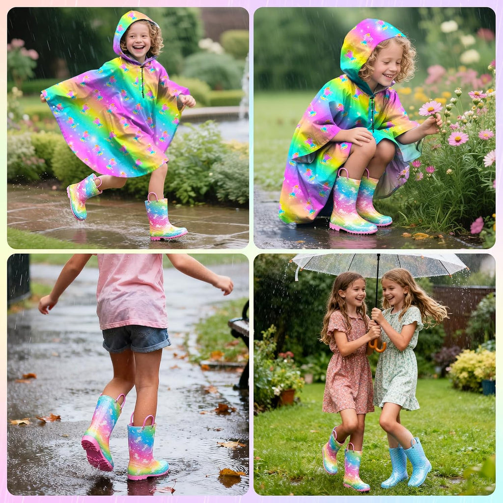 Girls Rain Boots Kids Rain Boots Rainbow Unicorn Mermaid Rainboots Toddler Glitter Waterproof Lightweight Easy-on