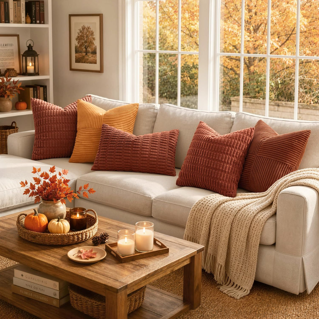 Fall Corduroy Decorative Throw Pillow Covers 16x16 Rust Pack of 2