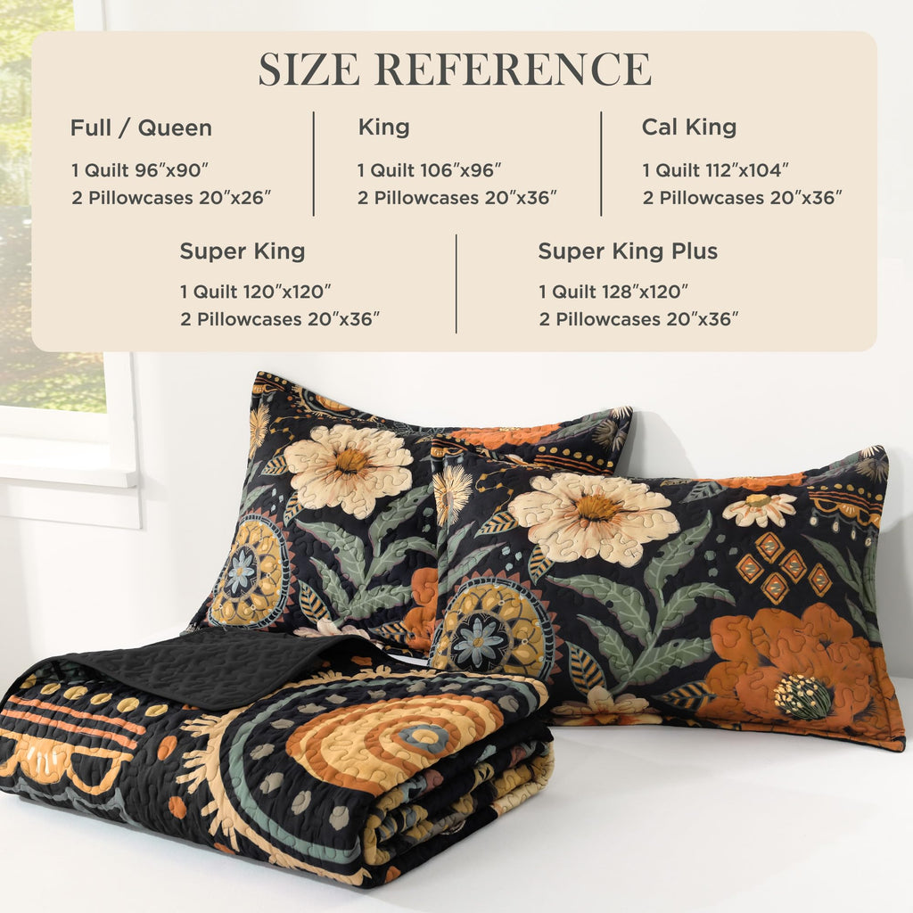 Quilt Queen Size, Black Floral Boho Summer Bedspread 3 Pieces