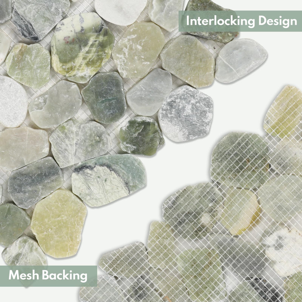 Pebble Tiles for Shower and Bathroom Floors, Jade Green Pebble Stone Mosaic Tile with Matte and Flat Surface, 5