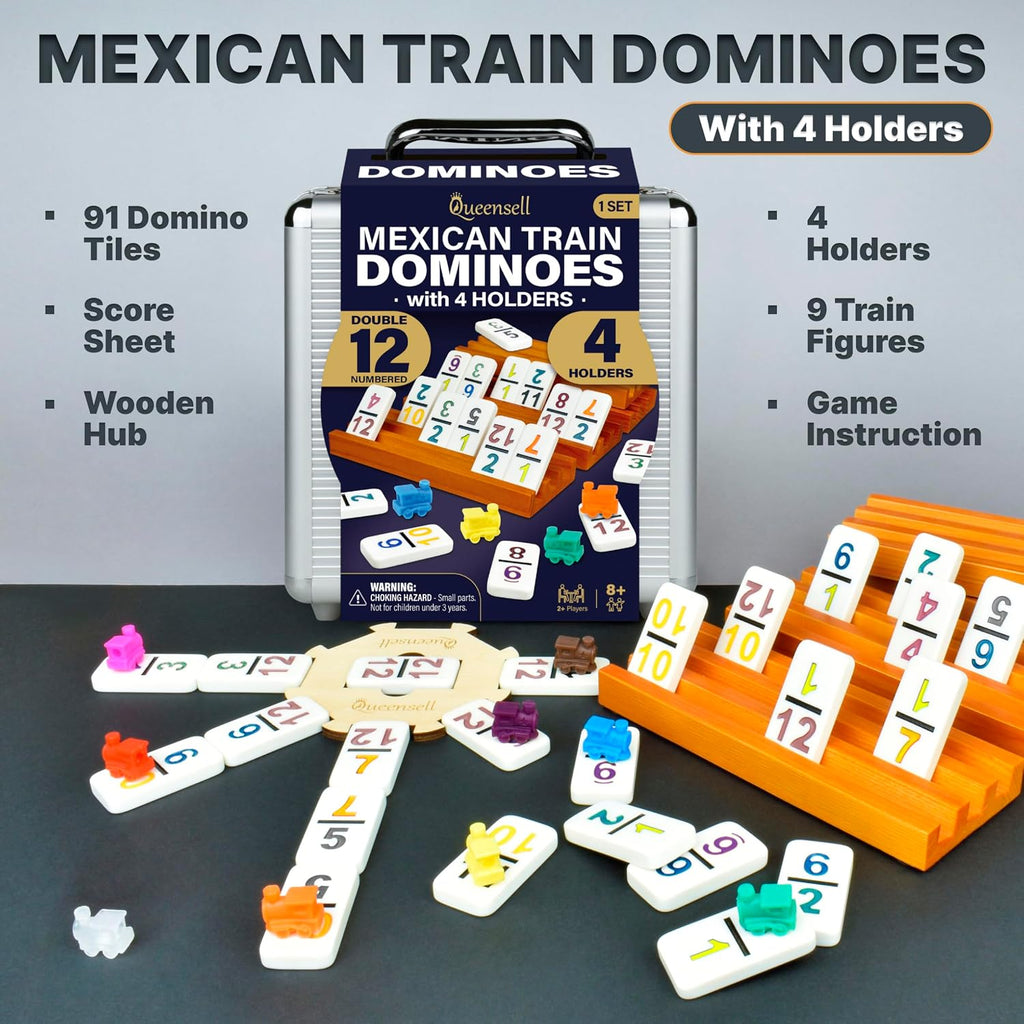 Mexican Train Dominoes Set with Numbers and 4 Holders - Wooden Hub and Domino Holders - Double 12 with Numbers (D12