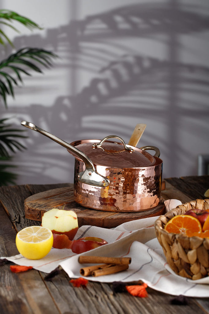 1mm Thick Hammered Unlined Uncoated Solid Copper Sugar Sauce Zabaglione Pan Candy Jam Caramel Dessert Pot with Lid