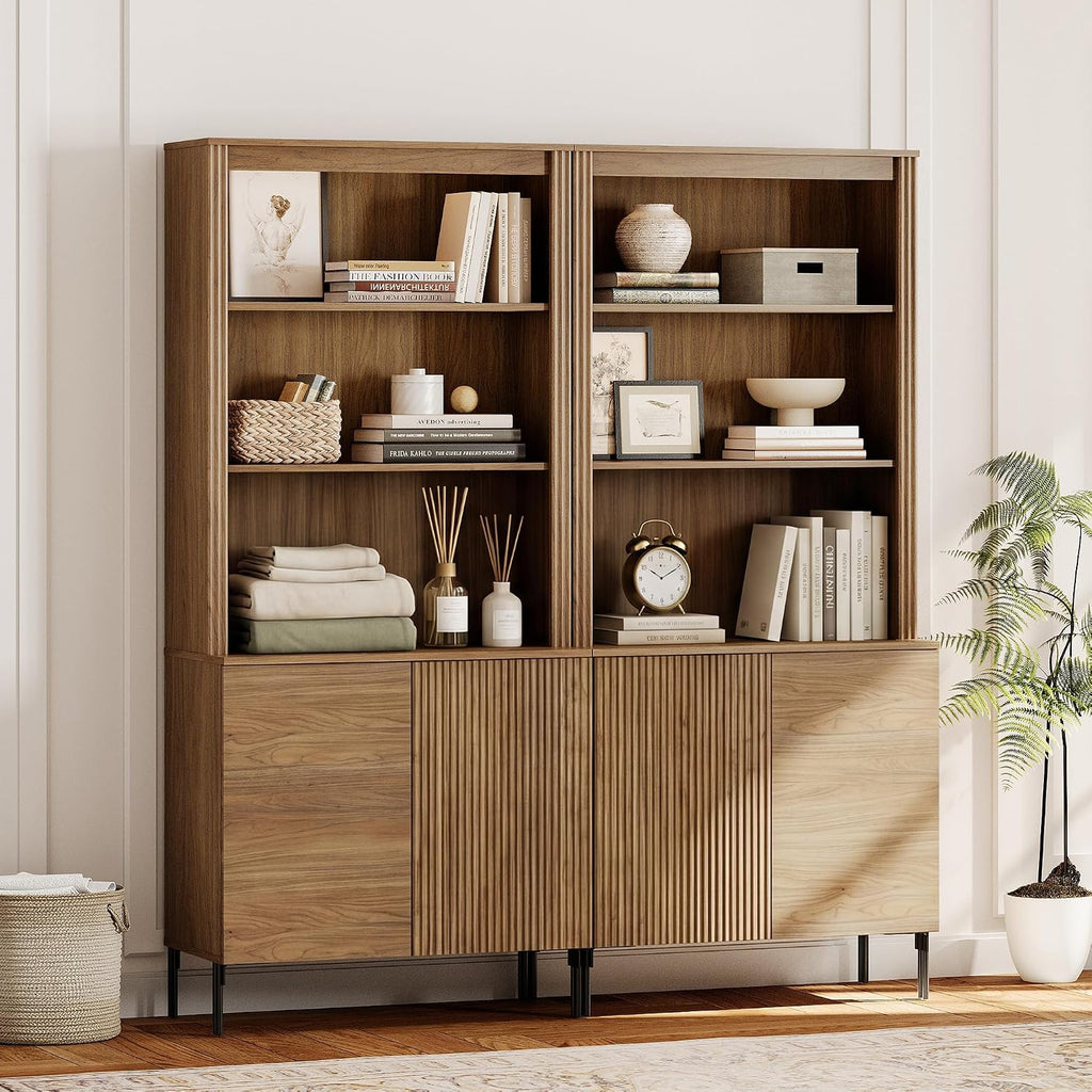 Modern 71.5" Tall Bookcase with 2 Doors, Fluted Bookcase with Storage and Adjustable Shelves, Wooden Storage Cabinet