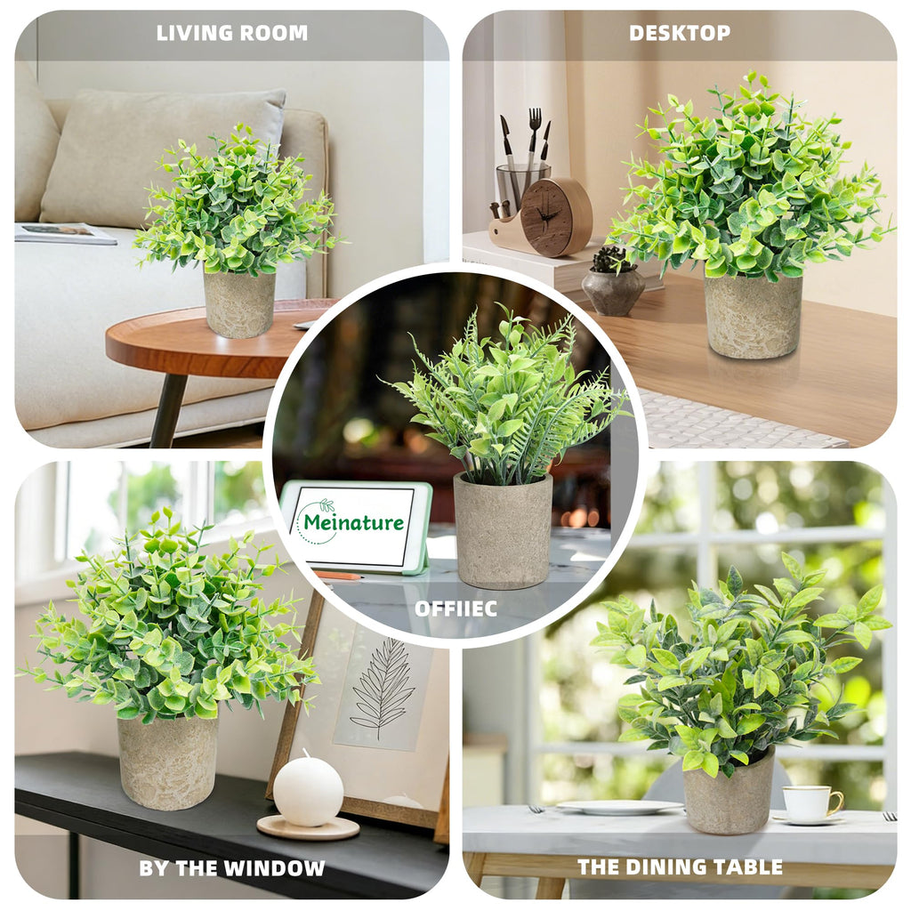 Artificial Potted Plants Set of 3, Mixed Faux Greenery with Artificial Eucalyptus &False Fern Grass, Small Fake Plant