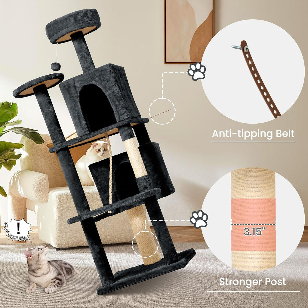 58.5inch Large Cat Tree Tower Condo for Indoor Cats, Soft Plush Multi-Level Climbing Tree Cat House with Cat Cave