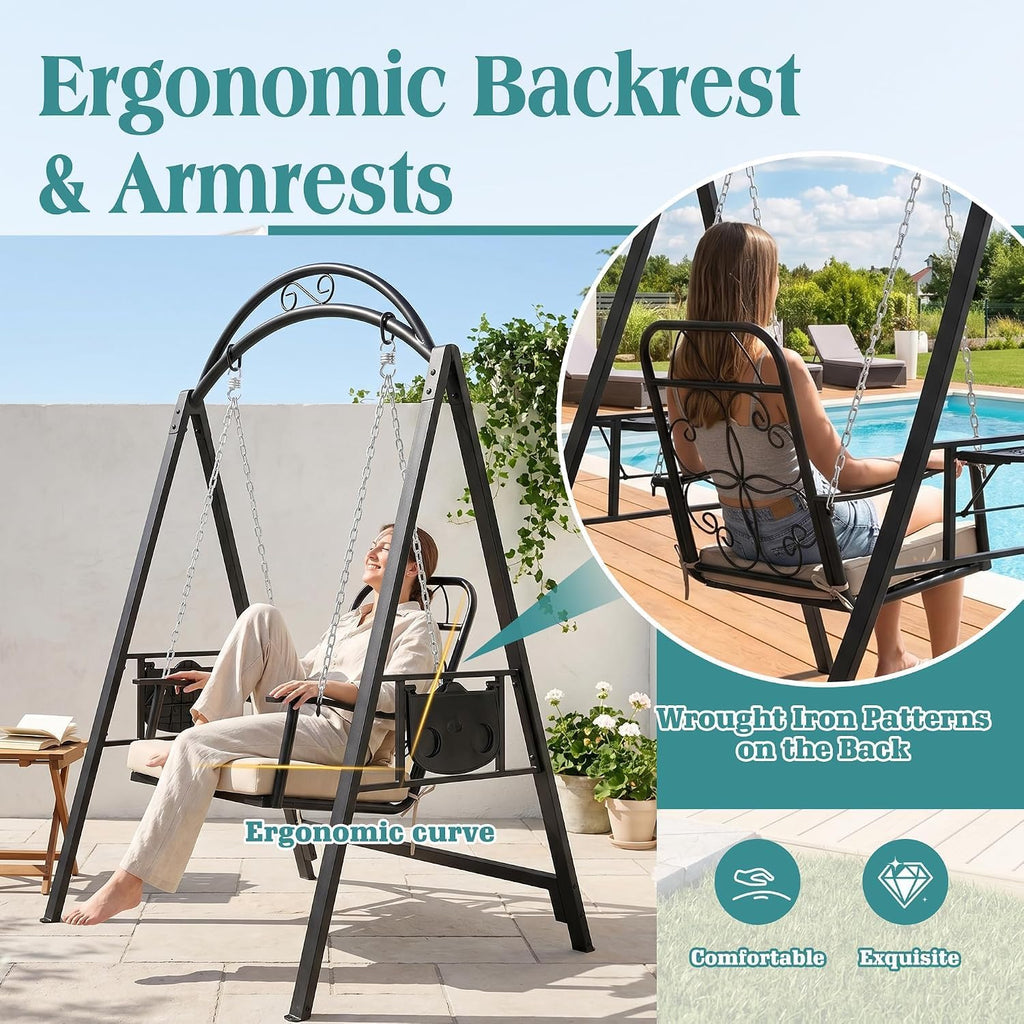 Metal Porch Swing with Stand, 350 LBS Outdoor Patio Porch Swing | Single Outdoor Patio Swing Chair with Heavy-Duty