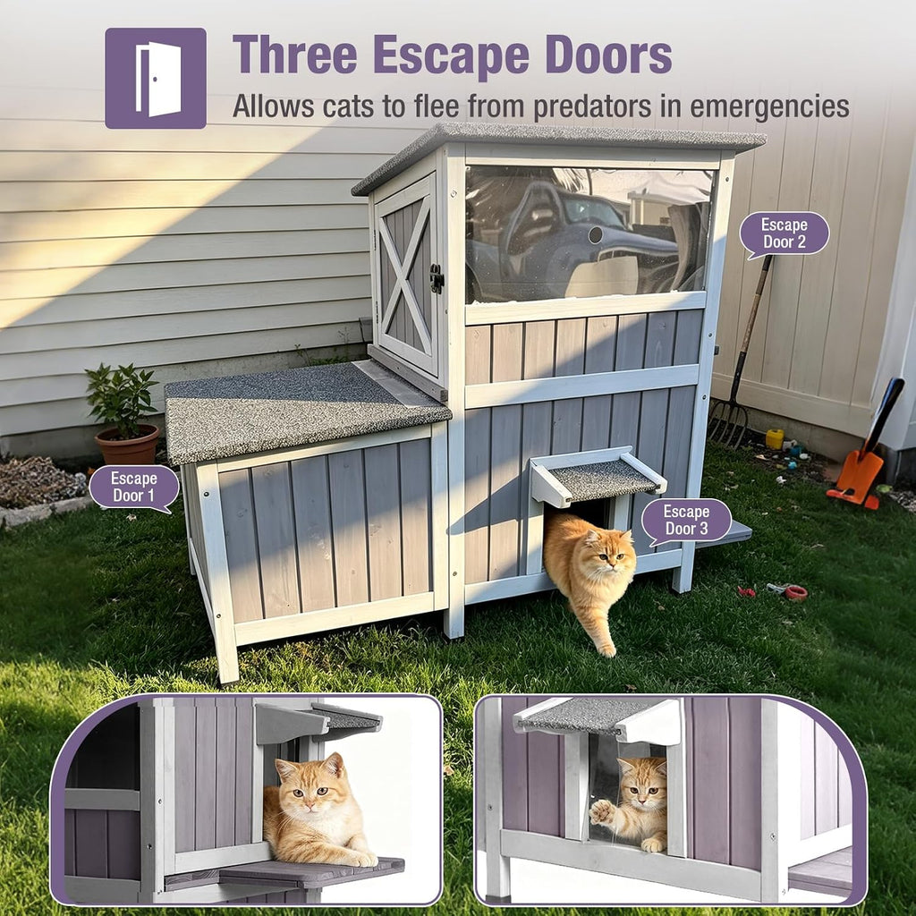 Outdoor Cat House Weatherproof for Winter, 9.78 ft2 2-Story Wooden Feral Cat Shelter with Waterproof Roof, Escape
